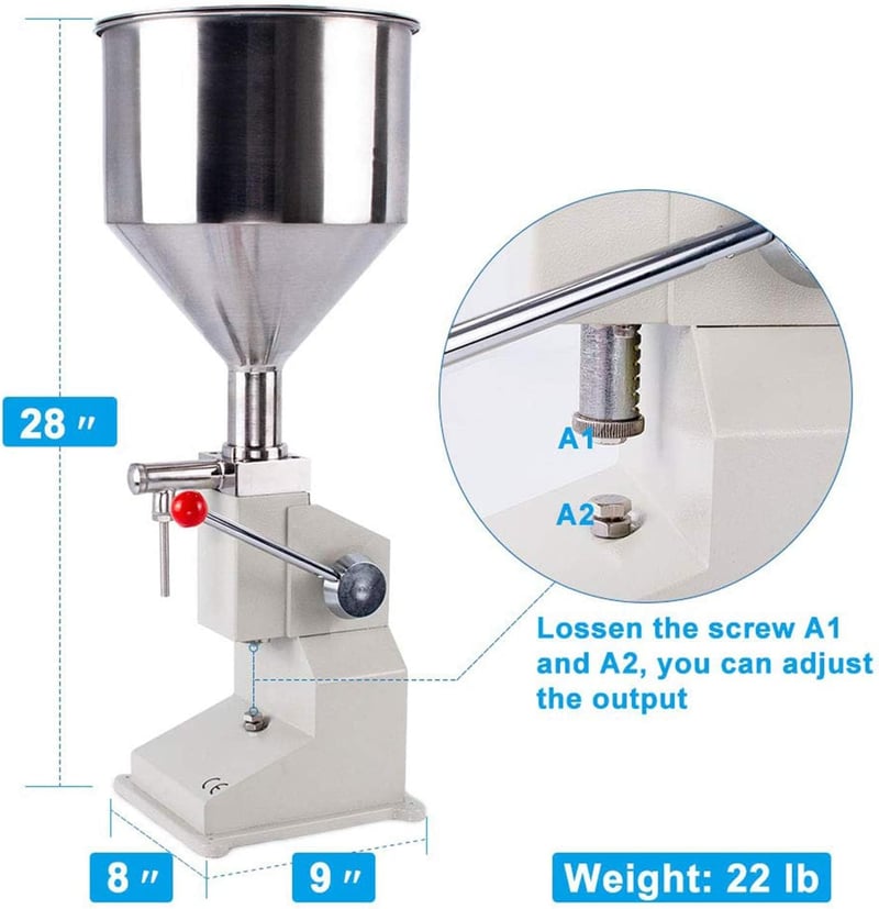 SUSEMSE Kézi Folyadéktöltő Gép 5-50ml - Rozsdamentes Acél Palacktöltő Víz, Olaj és Paszta Adagolásához - A03 Modell - A03 5-50ml, Stainless Steel