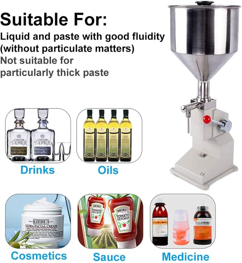 SUSEMSE Kézi Folyadéktöltő Gép 5-50ml - Rozsdamentes Acél Palacktöltő Víz, Olaj és Paszta Adagolásához - A03 Modell - A03 5-50ml, Stainless Steel