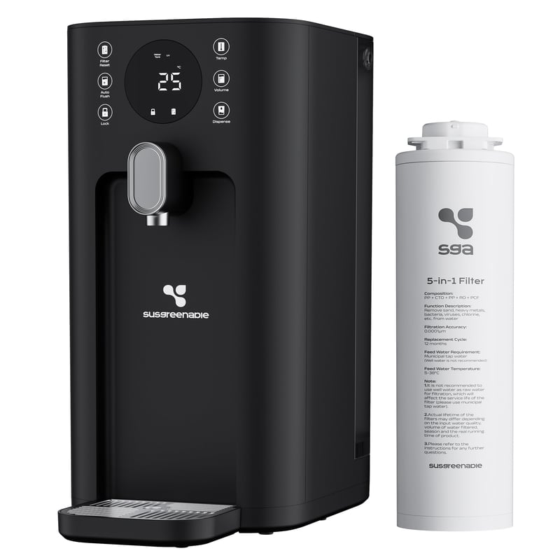 SusGreenable CIARRA RO systém reverznej osmózy 100GPD, dávkovač horúcej vody, 4 teploty, 5 filtrov, 4,3l nádrž, TDS displej, čierny