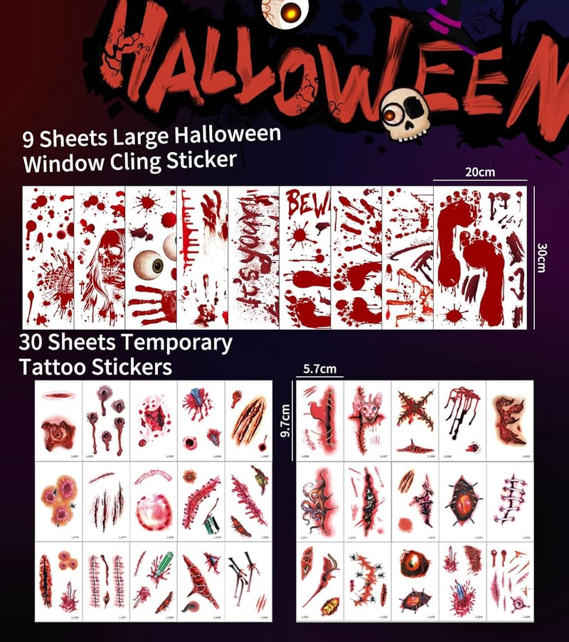 SUVEK 174 darabos Halloween ablakmatrica szett, vérfolt és zombi kéznyom dekoráció