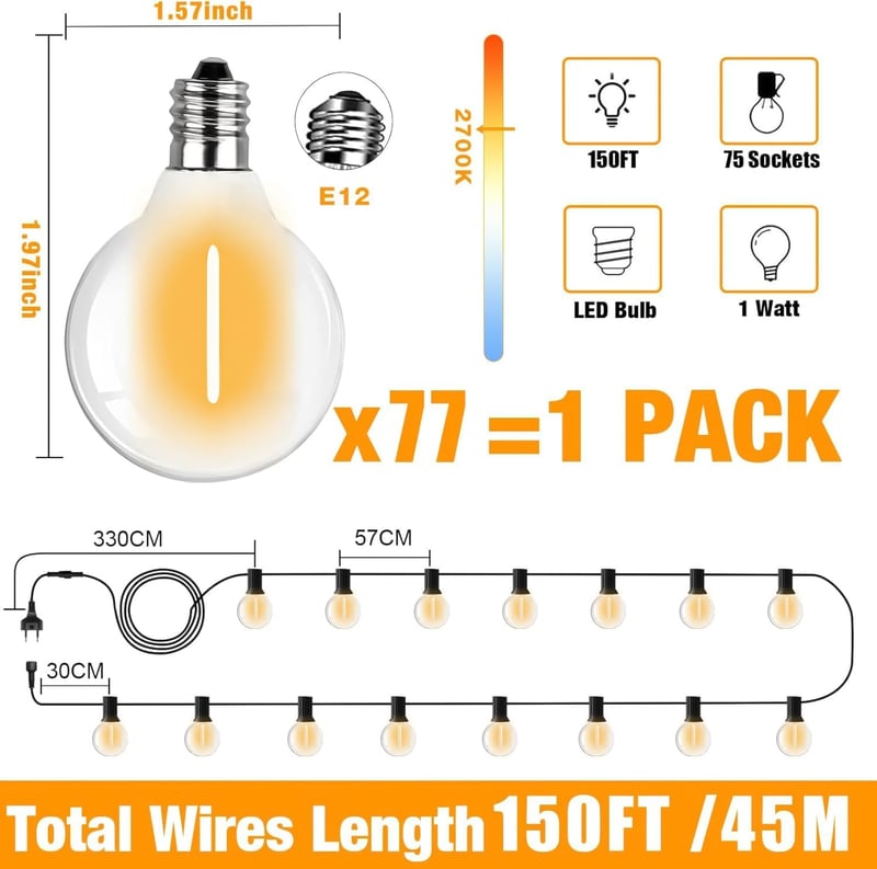 SUWIN 45m LED Kerti Fényfüzér 150 Izzóval Kültéri Vízálló Meleg Fehér