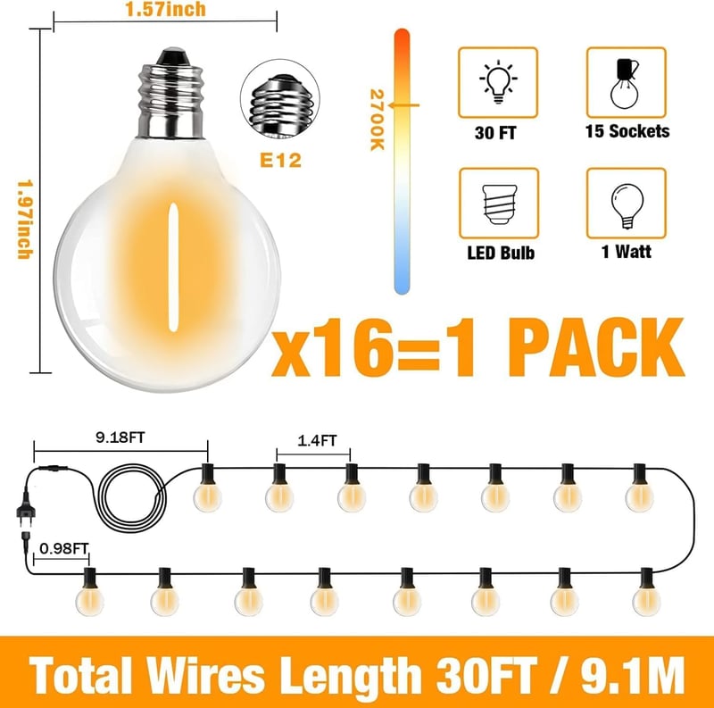 SUWIN 9m LED Fényfüzér Kültéri Meleg Fehér G40 Vízálló Kerti Lámpa