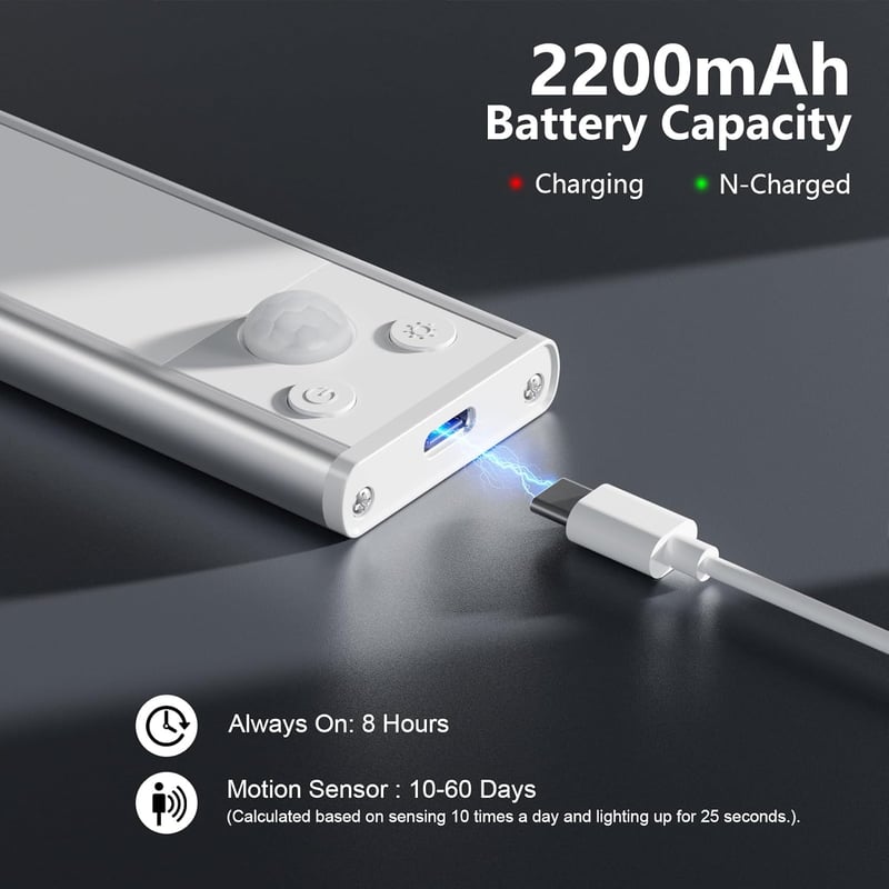 SUWIN LED szalagfény mozgásérzékelővel, USB töltős, szabályozható - 2 darab