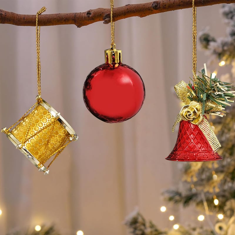 SUWYNJ Karácsonyi Gömbdísz Szett 32 db - Matt, Fényes és Csillámló Mini Gömb Dekoráció Fenyőfára - Piros és Arany Műanyag Dísz Törésálló Kiv