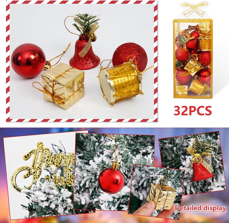 SUWYNJ Karácsonyi Gömbdísz Szett 32 db - Matt, Fényes és Csillámló Mini Gömb Dekoráció Fenyőfára - Piros és Arany Műanyag Dísz Törésálló Kiv