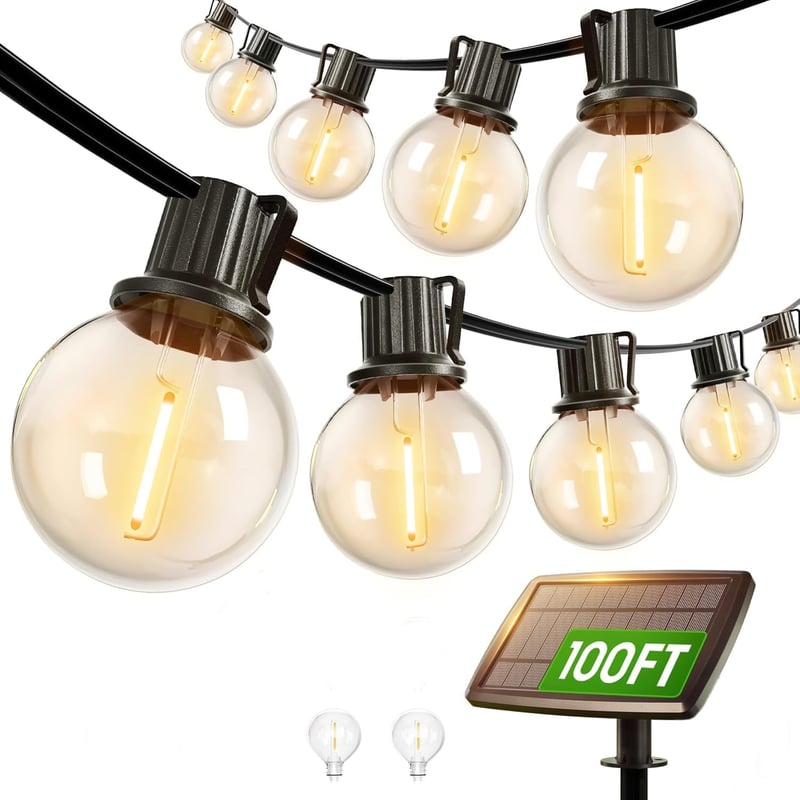 Svater G40 Napelemes Kültéri Fényfüzér 30m - 50 LED Meleg Fehér Retro Izzó, IP65 Vízálló, 4 Üzemmód, Automata Be/Ki Funkcióval Kerthez, Tera