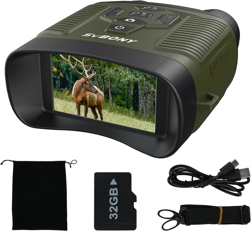 SVBONY infravörös éjjellátó binokulár zoom 8x 3 hüvelykes HD kijelző 4K videó 36MP fotó 5000mAh tölthető TF 32 GB kártyával vadászathoz