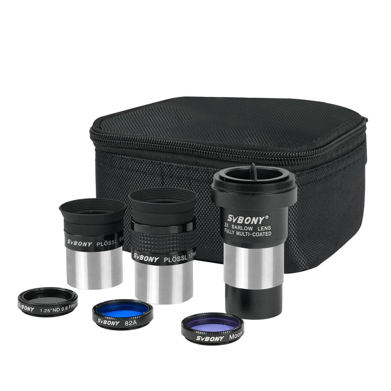 Sada okulárov pre teleskop SVBONY SV233 – 6 mm a 17 mm Plössl okulár, 2x Barlowova šošovka, mesačný filter, ND4 a 82A farebný filter, s prenosným puzdrom, 7-dielna súprava astronomického príslušenstva