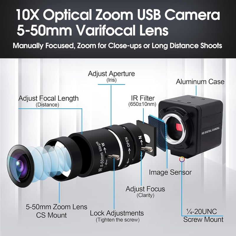 Svpro 4K Webkamera 10X Optikai Zoom, 8MP USB Kamera Számítógéphez, Windows/Mac/Linux Kompatibilis