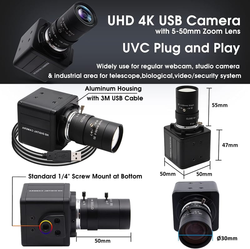Svpro 4K Webkamera 10X Optikai Zoom, 8MP USB Kamera Számítógéphez, Windows/Mac/Linux Kompatibilis