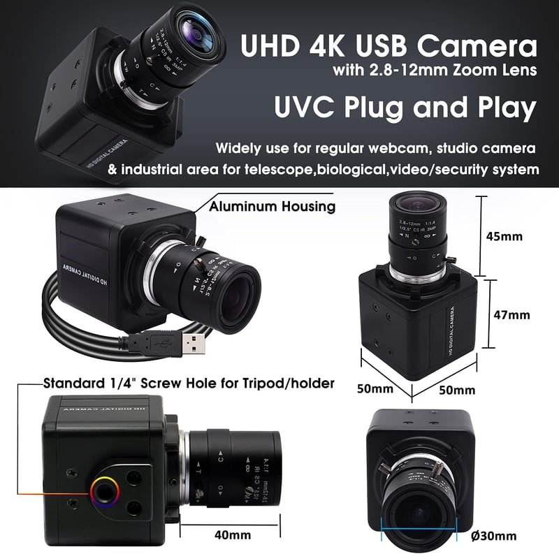 Svpro 4K Webkamera Számítógéphez - 8MP Sony Szenzor, 5X Optikai Zoom, Manuális Fókusz, Széles Látószög, USB Csatlakozás Zoom/Skype/YouTube K