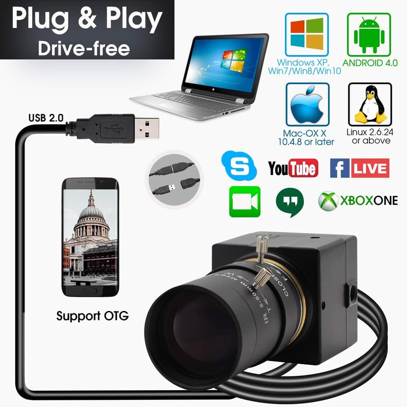 Svpro 8MP USB Webkamera 5-50mm Manuális Zoom Objektívvel, Sony IMX179 Szenzor, 2448P Felbontás, Windows/Linux/Mac Kompatibilis, Ipari és Orv
