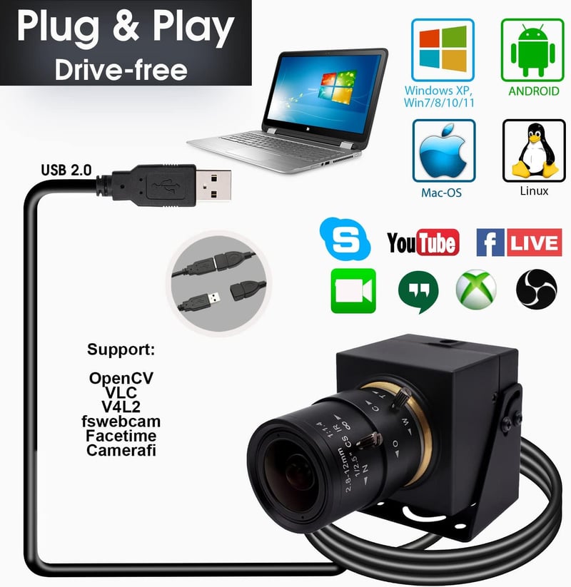 Svpro 8MP Zoom Webkamera Laptophoz - 2.8-12mm Makró USB Kamera PC-hez, Manuális Fókusz, 4K Felbontás, Tripod/Fali Rögzítés, Windows/Mac/Linu