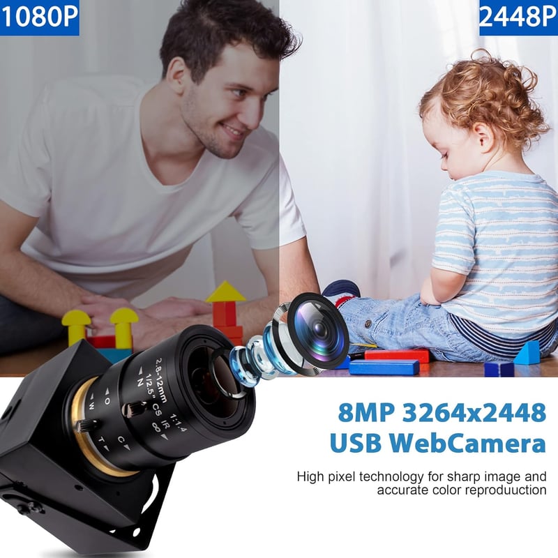 Svpro 8MP Zoom Webkamera Laptophoz - 2.8-12mm Makró USB Kamera PC-hez, Manuális Fókusz, 4K Felbontás, Tripod/Fali Rögzítés, Windows/Mac/Linu