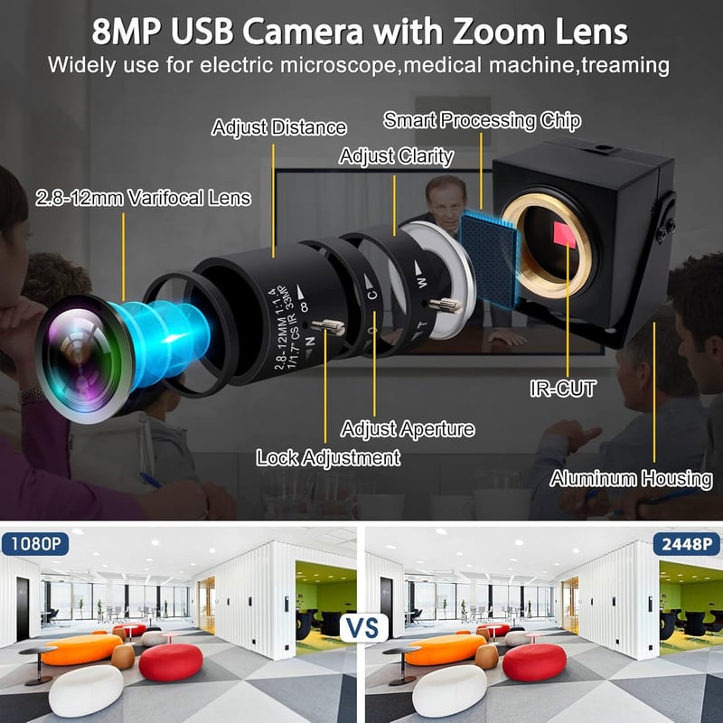 Svpro 8MP Zoom Webkamera Laptophoz - 2.8-12mm Makró USB Kamera PC-hez, Manuális Fókusz, 4K Felbontás, Tripod/Fali Rögzítés, Windows/Mac/Linu