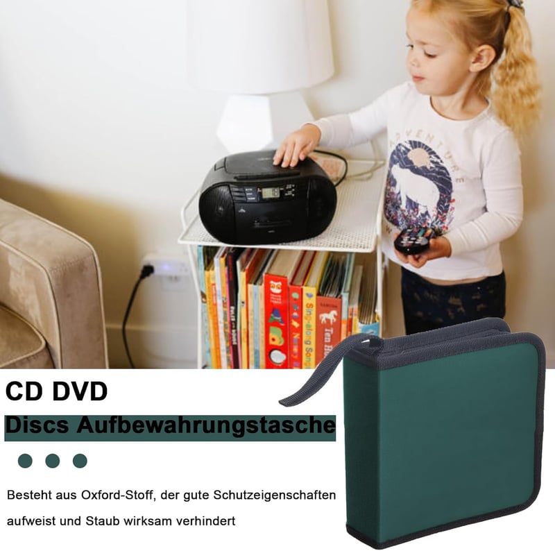 SVUPUE CD DVD Tároló Táska 40 Lemezhez - Hordozható Oxford Szöveges Tartó Autóba és Otthonra, Zöld Színben, Nyakpánttal