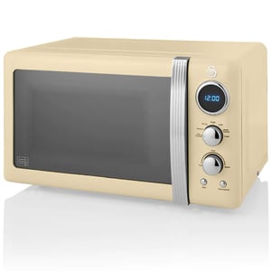Cuptor cu microunde digital Swan Retro SM22030CNEU 20 L, 5 nivele de putere, funcție decongelare, cronometru 60 minute, platou rotativ 27 cm, design vintage, crem, 800 W