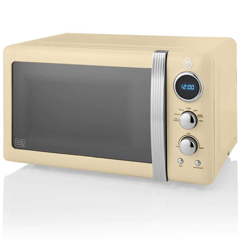 Swan Retro SM22030CNEU Digitális Mikrohullámú Sütő 20 L, 5 Teljesítményszint, Leolvasztás Funkció, 60 Perces Időzítő, 27 cm Forgótányér, Vintage Design, Krém, 800 W