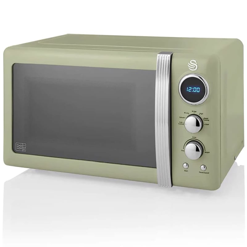 Cuptor cu microunde digital Swan Retro SM22030GNEU 20L, 800W, 5 niveluri de putere, decongelare, temporizator 60 minute, platan rotativ 27 cm, design vintage, verde