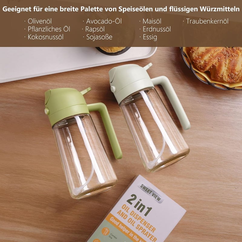SWEET VIEW 2 az 1-ben Olajpermetező 470 ml - Üveg Olajadagoló és Spray Salátához, Grillezéshez és Airfryerhez - Zöld