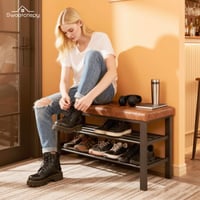 Bancă pentru pantofi Sweetcrispy cu suport pentru încălțăminte pe 3 niveluri, 81x32x50 cm, suprafață de șezut din piele ecologică maro și — zgârietură pe suprafața de șezut (stare: vezi poza 2) 4