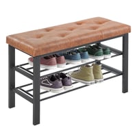 Bancă pentru pantofi Sweetcrispy cu suport pentru încălțăminte pe 3 niveluri, 81x32x50 cm, suprafață de șezut din piele ecologică maro și — zgârietură pe suprafața de șezut (stare: vezi poza 2) 1
