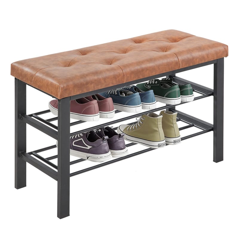 Bancă pentru pantofi Sweetcrispy cu suport pentru încălțăminte pe 3 niveluri, 81x32x50 cm, suprafață de șezut din piele ecologică maro și — zgârietură pe suprafața de șezut (stare: vezi poza 2)