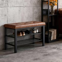Bancă pentru pantofi Sweetcrispy cu suport pentru încălțăminte pe 3 niveluri, 81x32x50 cm, suprafață de șezut din piele ecologică maro și — zgârietură pe suprafața de șezut (stare: vezi poza 2) 9