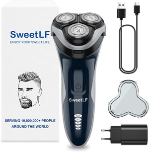 Aparat de ras electric pentru bărbați SWEETLF pentru utilizare uscată și umedă, rezistent la apă IPX7, cu 4 capete rotative și afișaj LED, pentru barbă, albastru marin