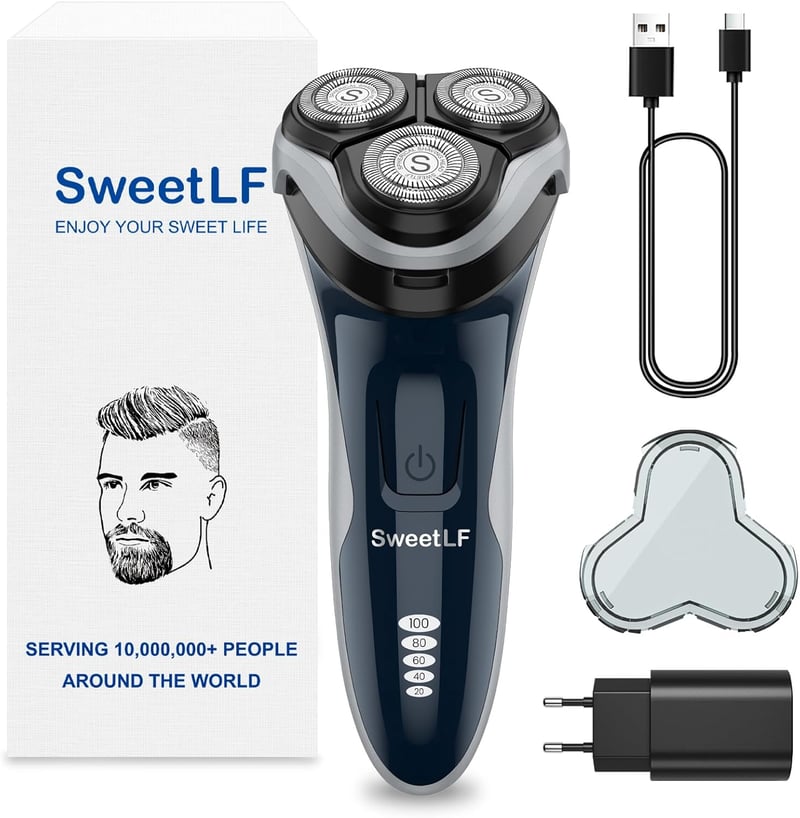 Aparat de ras electric pentru bărbați SWEETLF pentru utilizare uscată și umedă, rezistent la apă IPX7, cu 4 capete rotative și afișaj LED, pentru barbă, albastru marin
