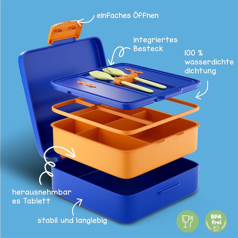 Sweety Fox Dinoszauruszos Uzsonnás Doboz Gyerekeknek - Szivárgásmentes Bento Box 3-12 Éveseknek, Mosogatógépben Mosható, BPA-mentes, Kék