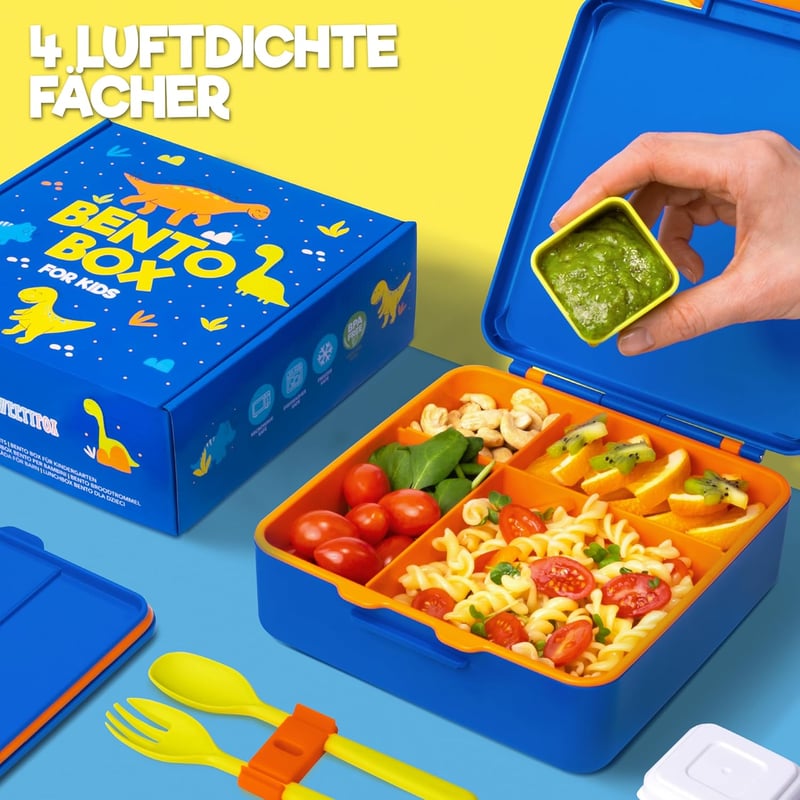 Sweety Fox Dinoszauruszos Uzsonnás Doboz Gyerekeknek - Szivárgásmentes Bento Box 3-12 Éveseknek, Mosogatógépben Mosható, BPA-mentes, Kék