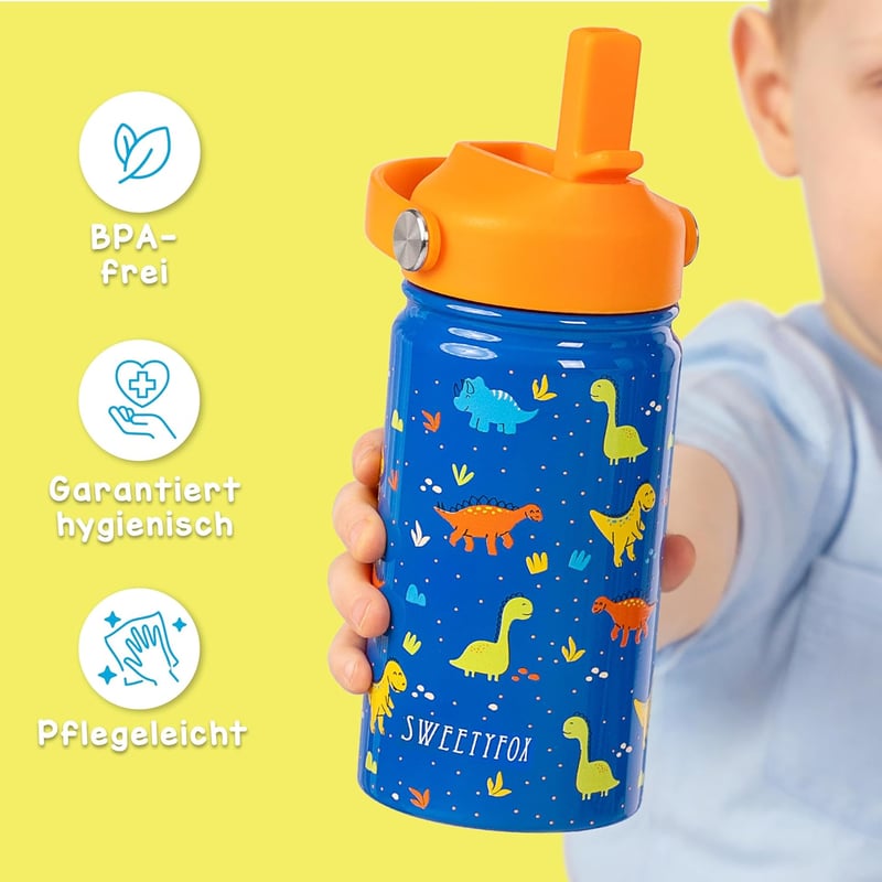Sweety Fox rozsdamentes dinós gyerekivó palack szívószállal és kefével