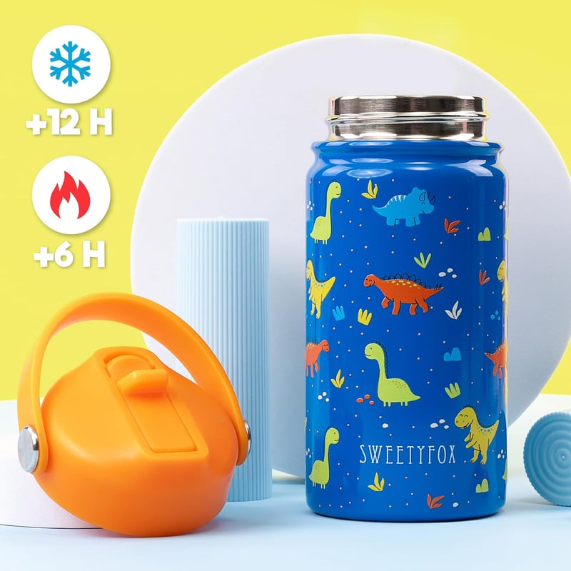 Sweety Fox rozsdamentes dinós gyerekivó palack szívószállal és kefével