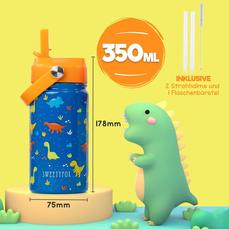 Sweety Fox rozsdamentes dinós gyerekivó palack szívószállal és kefével