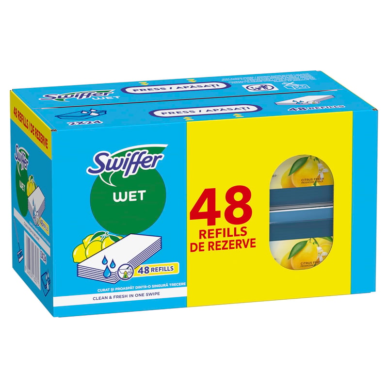 Rezerve pentru mop umed Swiffer cu aromă de lămâie proaspătă, 48 bucăți, curățare rapidă și ușoară a podelelor