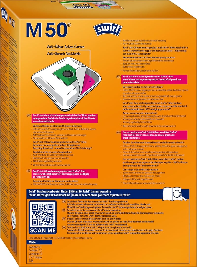 Swirl M 50 EcoPor szagmentes porszívó zsák Miele-hez, 4 db, allergia szűrő