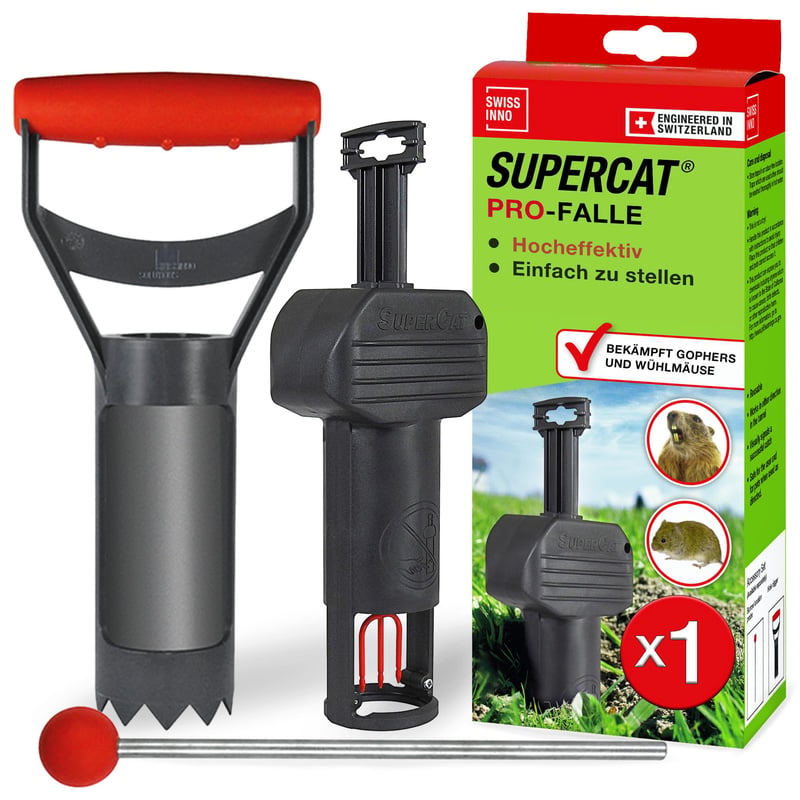 SWISSINNO Vole Trap PRO SuperCat Capcană pentru șoareci de câmp și cârtițe cu kit de accesorii - Capcană eficientă împotriva șoarecilor de câmp și a cârtițelor comune, declanșator patentat, sigură, reutilizabilă, 1 buc. capcană + 1 buc. kit