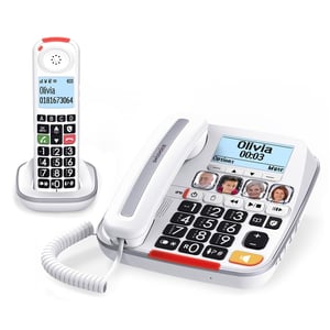 SWISSVOICE Xtra 3355 Combo DECT stolni fiksni telefon i bežična slušalica s velikim tipkama, telefonskom sekretaricom, kompatibilan sa slušnim aparatima, blokiranje poziva, bijeli