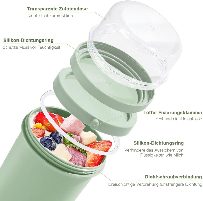 Swkien Müzli és Joghurt Pohár 450ml+250ml Szilikon Tetővel Zöld - Green