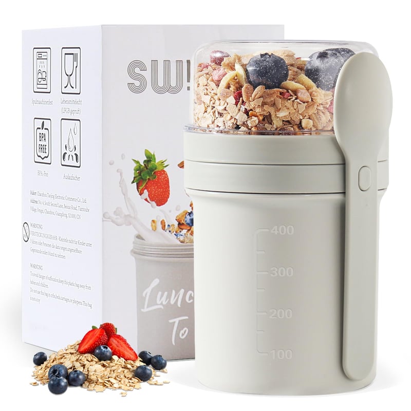 Pahar pentru musli Swkien la pachet 450 ml + 250 ml, recipient pentru iaurt cu lingură, bol pentru cereale etanș, gri deschis