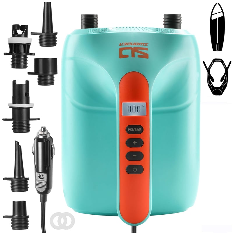 Elektrická SUP pumpa Swonder 20 PSI s inteligentným dvojstupňovým nafukovaním a automatickým vypnutím, na nafukovanie paddleboardov, kajakov a člnov