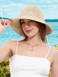 sy soul young Női Szalmakalap Széles Karimával Kézzel Szőtt Összehajtható Strandkalap UV Védelem UPF50+ Nyári Utazáshoz Bézs 2