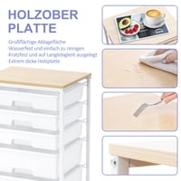SYKIARIOL Görgős tároló szekrény 5 fiókkal és fa tálcával, fehér, fürdőszobai és konyhai rendszerező kocsi 6