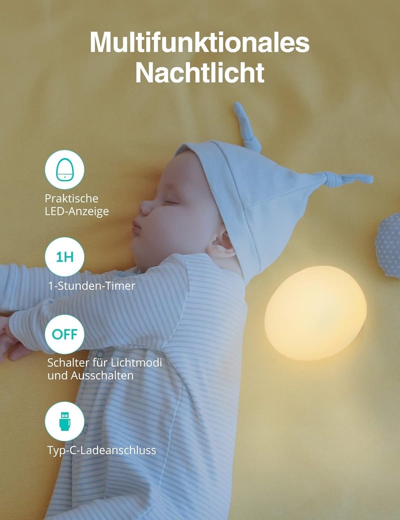 sympa Éjszakai Lámpa Babáknak, Szilikon LED Etetőlámpa 8 Színnel, Dimmer, 1H Timer, USB-C Töltés