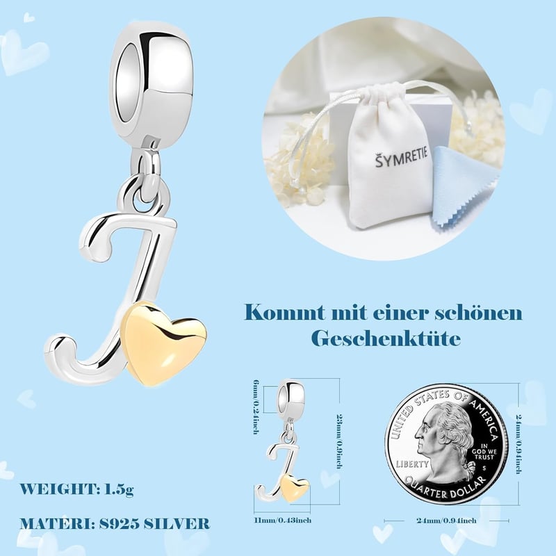 Symretie 925 Sterling Ezüst J Betű Charm Medál - Európai Karkötőkkel és Nyakláncokkal Kompatibilis Gyöngy Charm Nőknek