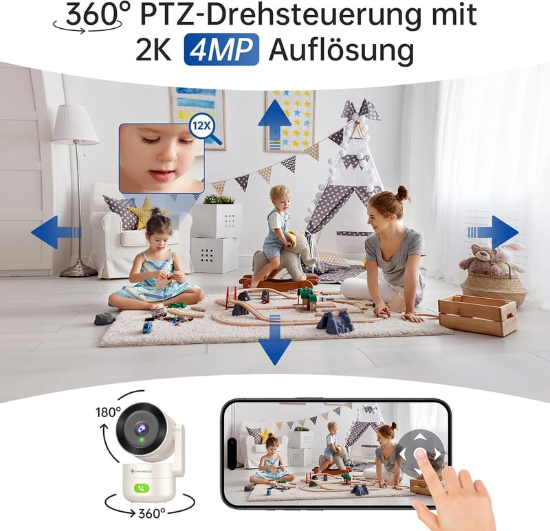 SYMYNELEC 4MP beltéri 360 fokos WiFi megfigyelőkamera, IR éjjellátás, 5GHz 2.4GHz, mozgásérzékelés, háziállat és bébifigyelő, Alexa kompatib