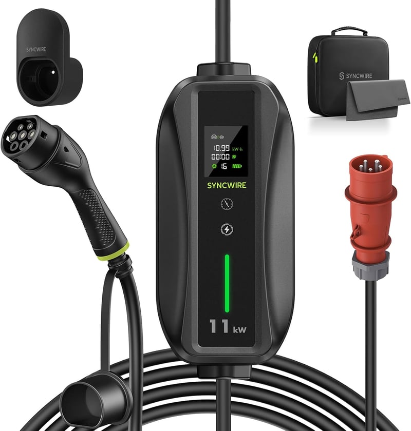 SYNCWIRE 11 kW Elektromos Autó Töltő - Type 2 Csatlakozó, 7,5m Kábel, 3 Fázisú, Állítható Töltőerő, LCD Kijelző, IP65 Vízálló, Kábeltartóval