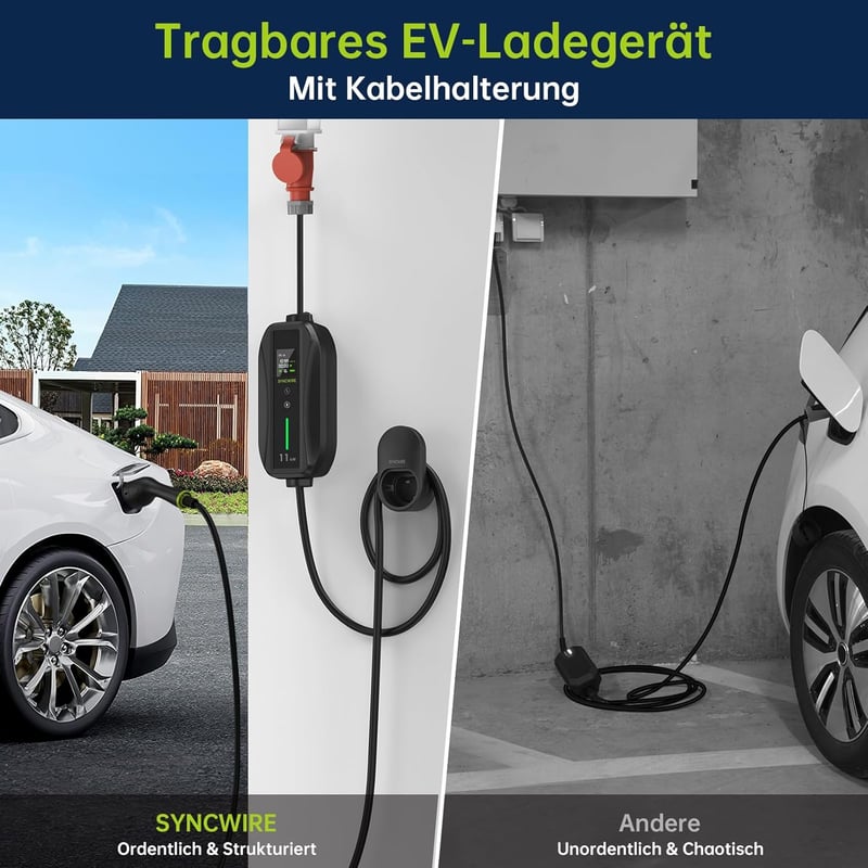 SYNCWIRE 11 kW Elektromos Autó Töltő - Type 2 Csatlakozó, 7,5m Kábel, 3 Fázisú, Állítható Töltőerő, LCD Kijelző, IP65 Vízálló, Kábeltartóval