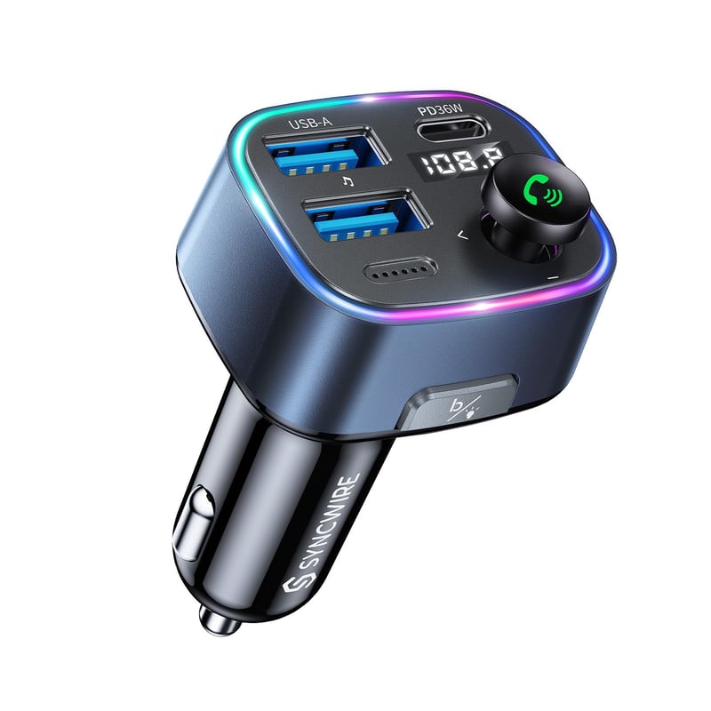 SYNCWIRE Bluetooth 5.4 FM transmitter do auta, nabíjačka 48W (PD 36W a 12W), duálny USB port, HiFi basový zvuk, rýchlonabíjanie, handsfree, LED displej, adaptér do zapaľovača